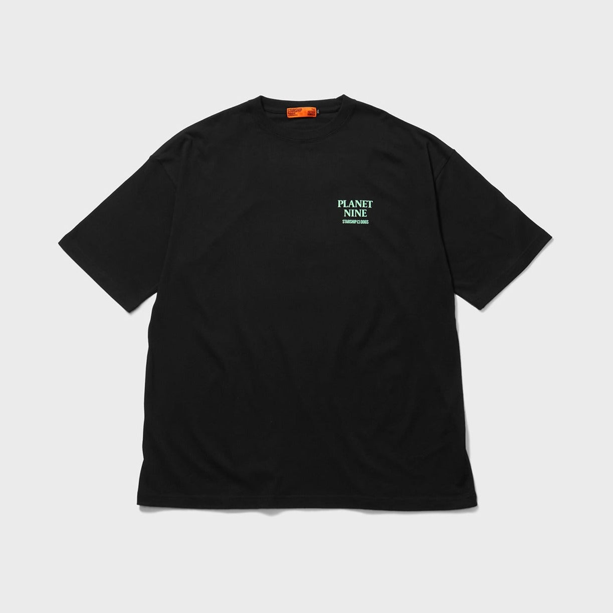 Product Front Photo: Body color Black. On the left chest, 'PLANET NINE STARSHIP DOGS' is written, with the text color in light green.
