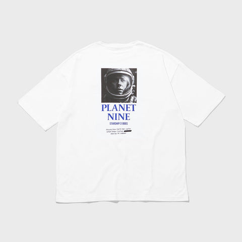 Product Photo: Body color white. Back print featuring a monochrome photo of a female astronaut and silk-screen printed 'PLANET NINE' (text color blue).