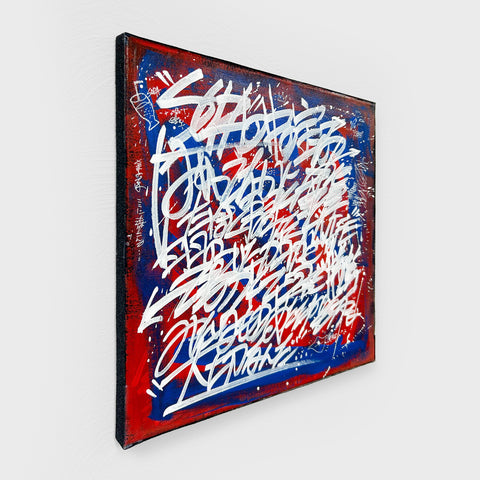 A photo of the painting viewed from the left diagonal angle. The edges of the painting are adorned with skateboard deck tape, and it's displayed against a white wall.