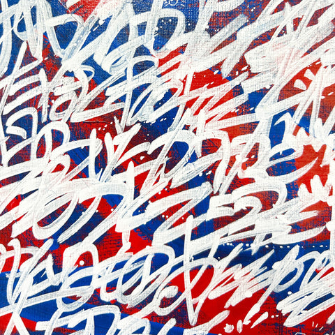 Zoomed-in view of the painting. A close-up photo showing the texture of the canvas, with lyrics written in white on a blue and red background.