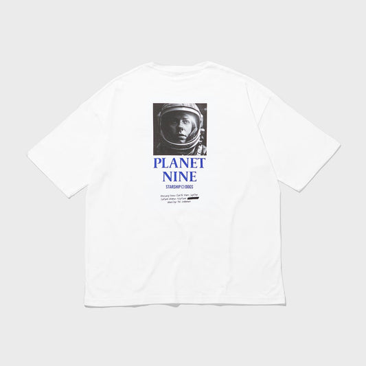 Product Photo: Body color white. Back print featuring a monochrome photo of a female astronaut and silk-screen printed 'PLANET NINE' (text color blue).