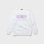 Product Front Photo: A cool sweatshirt in white, dyed using direct reactive (direct response dyeing) method. On the chest, a large HDHN (abbreviation for HOTDOG HUNTER) logo is silk-screen printed, giving the impression of a reflection on water and a mirror. The print is in light purple and is single-colored.