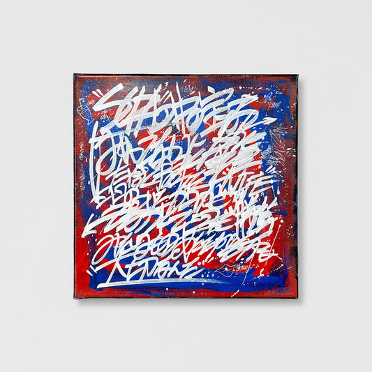 Front view of a painting. It features a rhythmic graffiti-style white text on a blue and aqua background, powerfully depicting lyrics of a certain rock band mixed in English and Japanese.