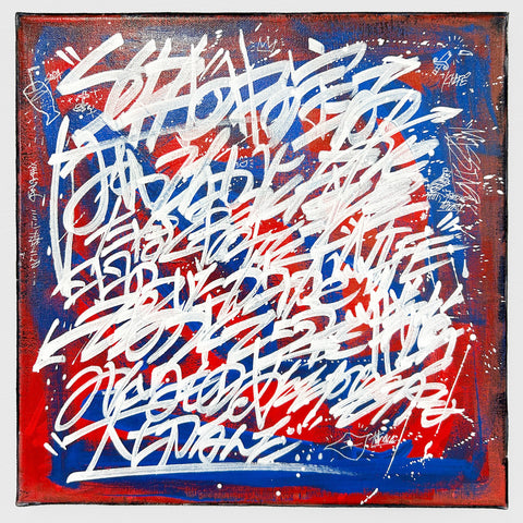 Front view2 of a painting. It features a rhythmic graffiti-style white text on a blue and aqua background, powerfully depicting lyrics of a certain rock band mixed in English and Japanese.